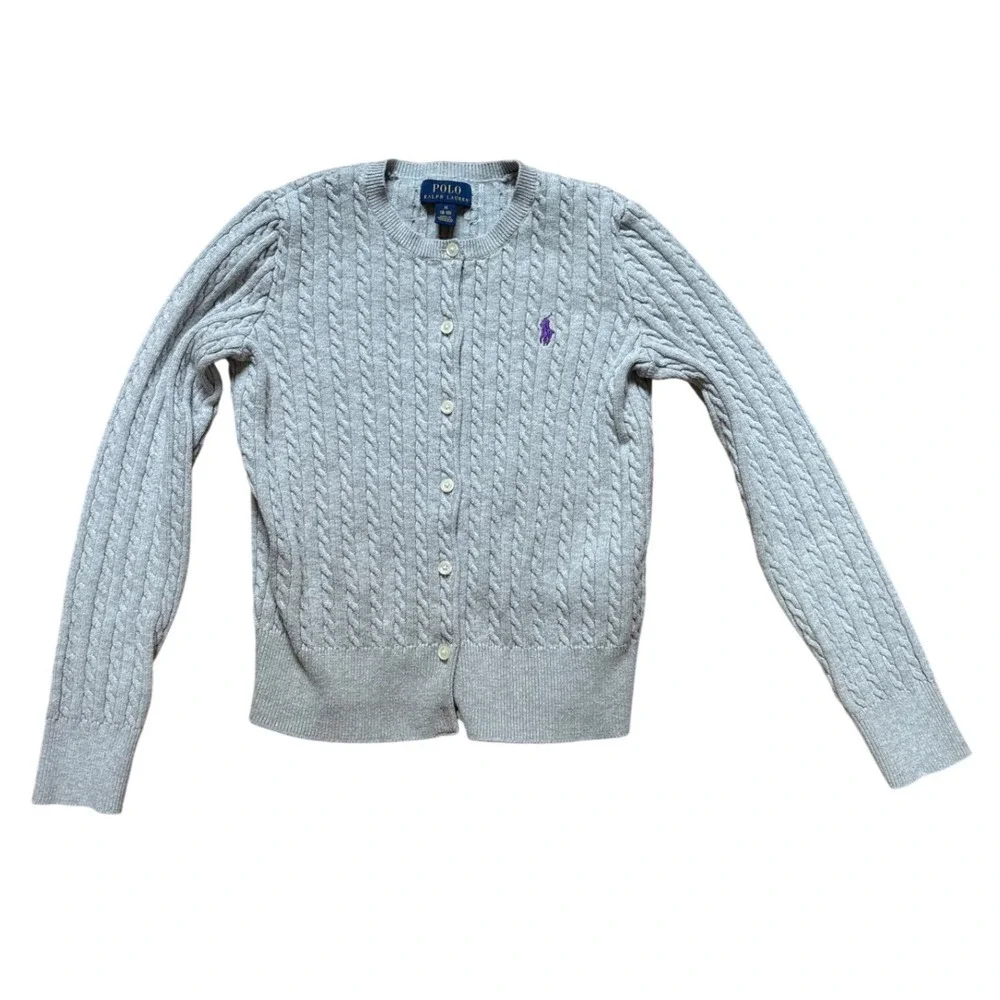 Polo Ralph‎ Lauren Cardigan Kids Gray Excellent Cable Knit Cotton SIZE M (8-10)